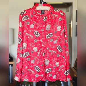 Vintage Red Silk Button-Down Blouse Whimsy Oriental Jewelry Print